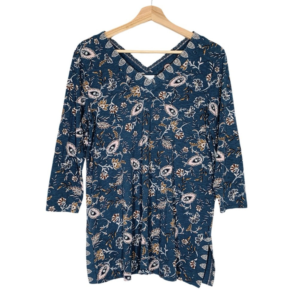 J. Jill Tunic Blue Paisley Print V Neck Top Split Sides XS Tencel Relaxed Fit